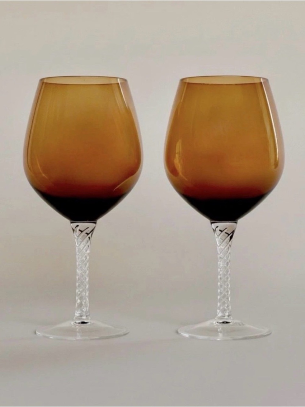 Murano Hand Blown Amber Wine Goblets w/ Clear Air Twisted Stems, 16 oz